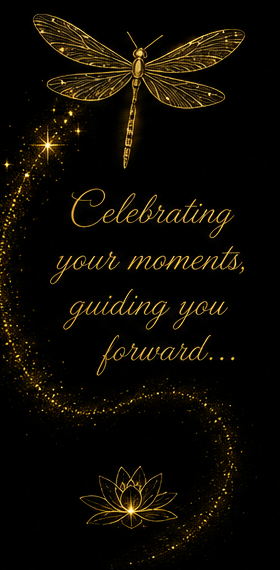 Golden dragonfly and lotus artwork with Celebrating your moments, guiding you forward